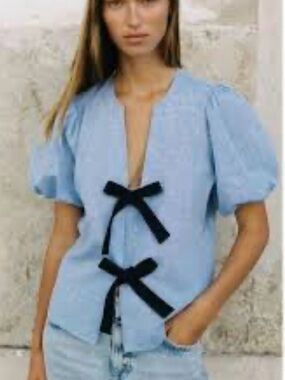 Zara Light Blue Puff Sleeve Blouse with Navy Bow Details Small
